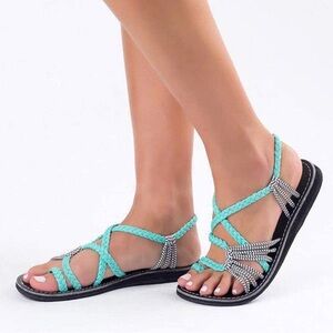 PLAKA Palm Leaf Flat Women's Sandals | Turquoise-Zebra